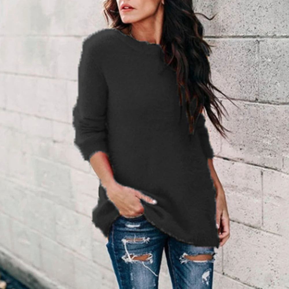 Женский трикотажный пуловер повседневный Свитер оверсайз с круглым вырезом и