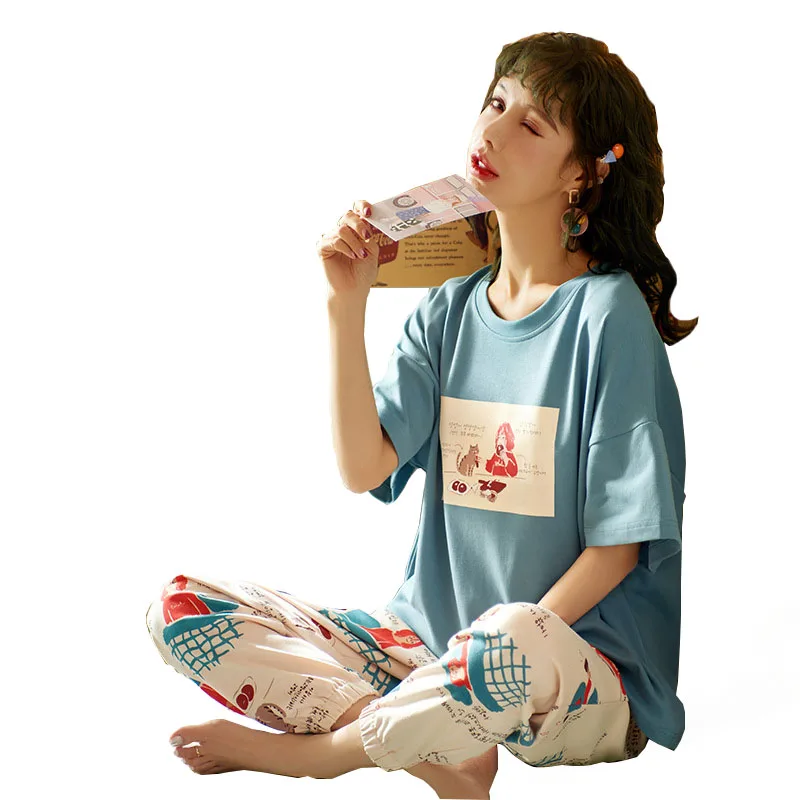 

Летние пижамы, женские брюки с короткими рукавами, пуловер для девочек, домашний костюм