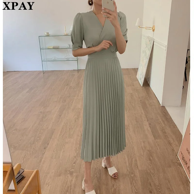 Платье женское Плиссированное с завышенной талией элегантный Однотонный