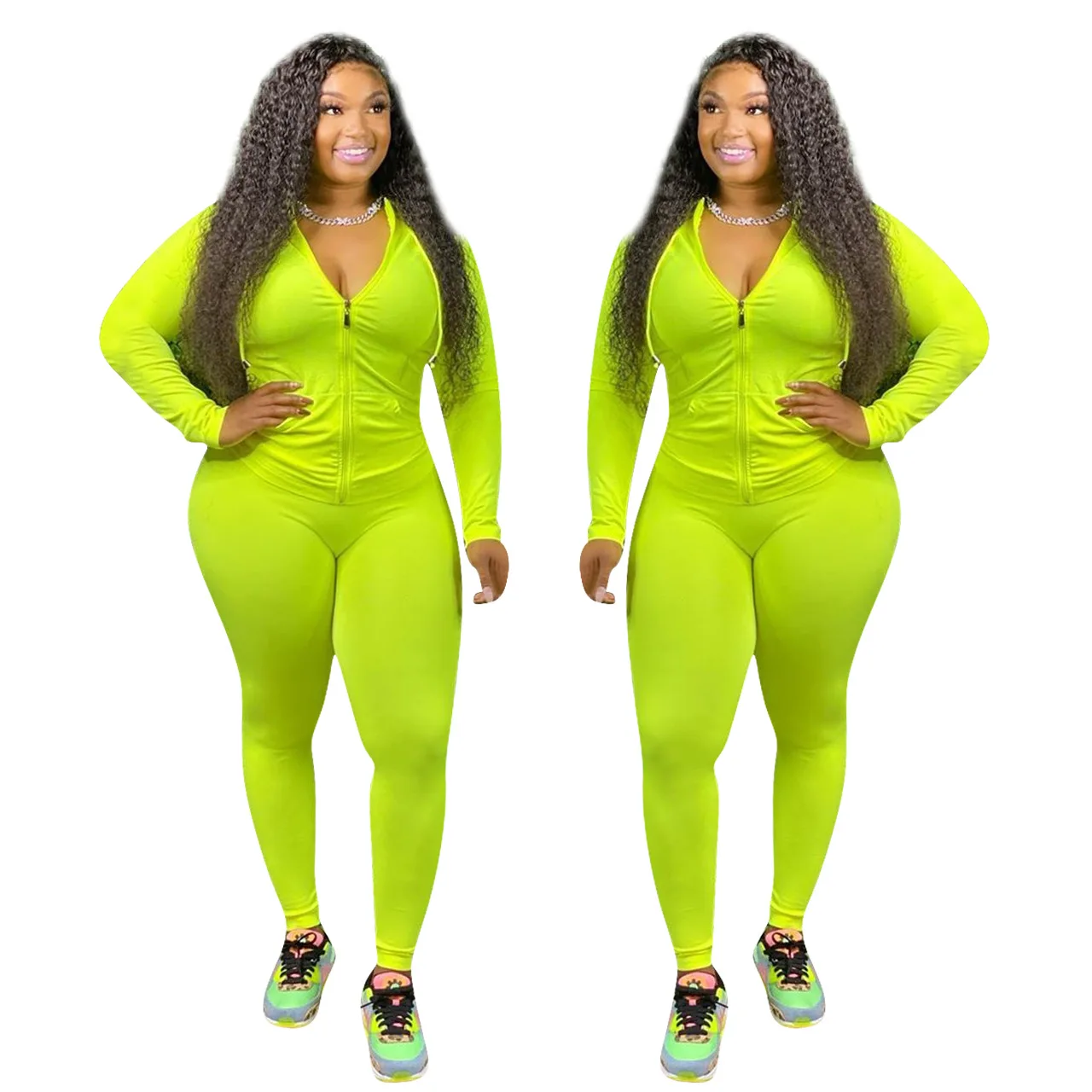 

Sports and leisure two piece set for women solid color long sleeve zipper pocket top and pure color casual long pants