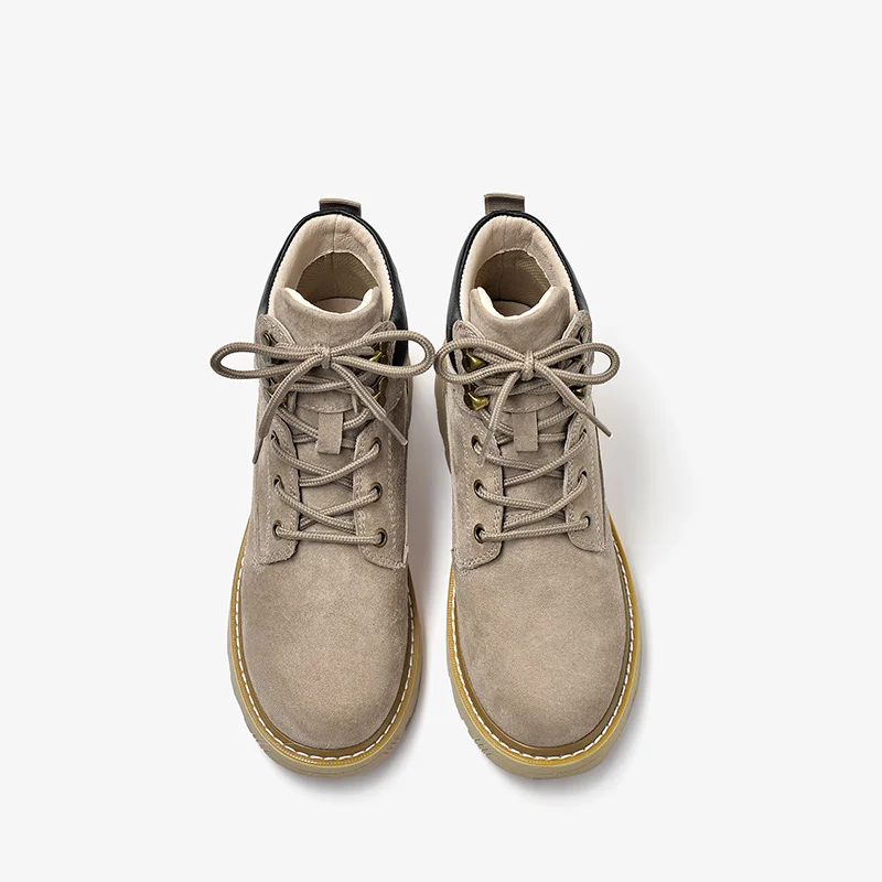Beli Cantik Kulit Suede Sepatu Wanita Panjang Pergelangan Kaki Sepatu Gurun Round Toe Renda Wanita Sepeda Motor Sepatu Buatan Tangan 04029