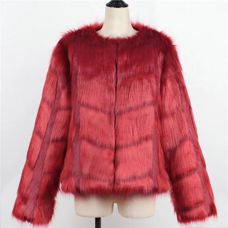 LANSHIFEI New Faux Fur Coat High Quality Fashion Slim Black Red Pink Faux Fur Jacket Fake Rabbit Fur Coat - Цвет: Бургундия