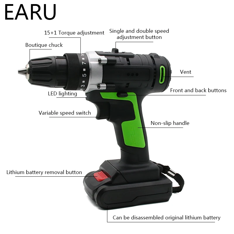 12V 16.8V 21V Max Wireless Rechargeable Electric Screwdriver Cordless Drill Mini Power DriverDC Lithium-Ion Battery 2-Speed Tool |