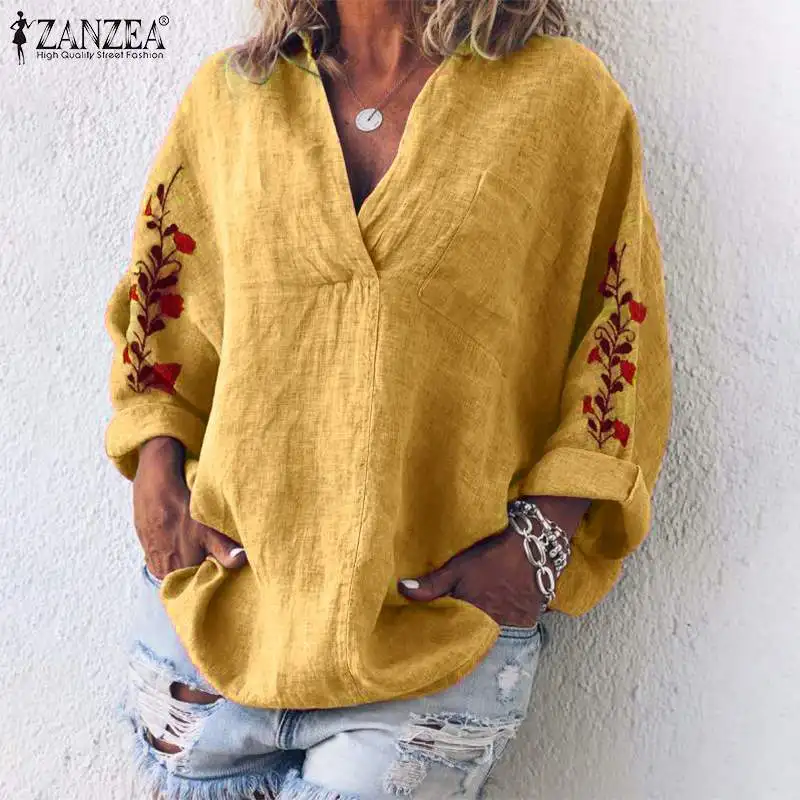 Женская блузка с цветочной вышивкой и длинным рукавом, ZANZEA, осенняя хлопковая льняная рубашка с v-образным вырезом, Femme Robe, рабочая блуза, Chemise Mujer, топы