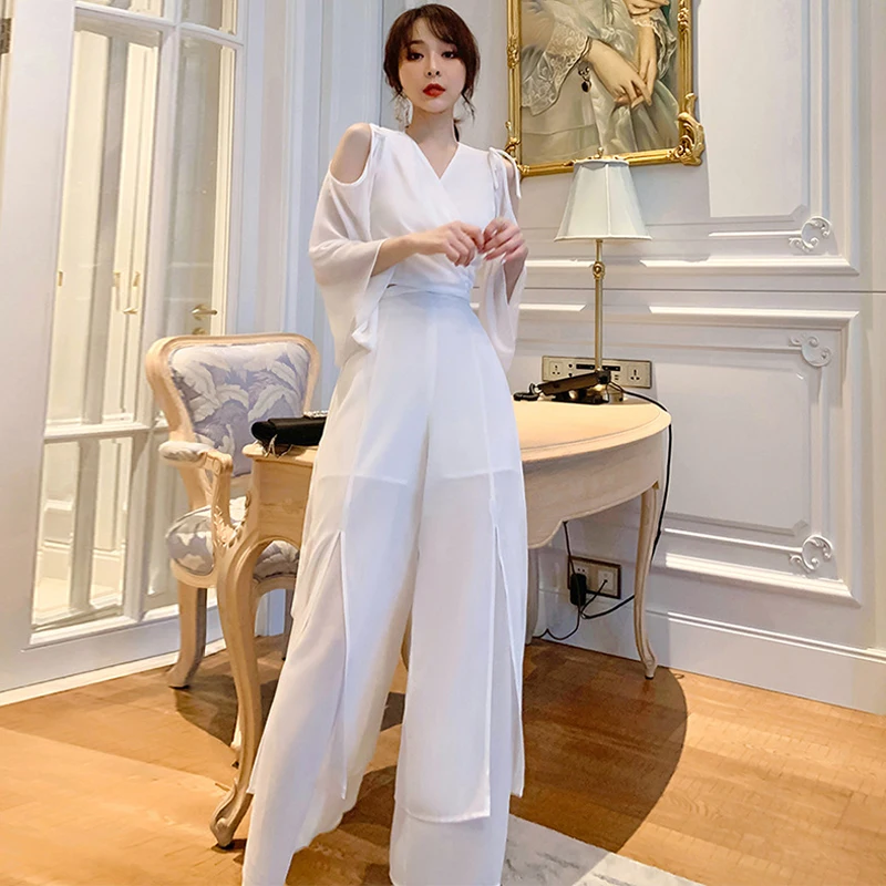 

Винтажный укороченный топ с открытыми плечами, Повседневная шифоновая Женская офисная одежда с высокой талией и широкими штанинами, пикант...