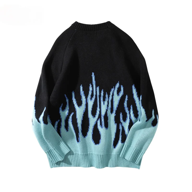 2021 Winter Autumn Streetwear Loose Harajuku Sweater Male Oversize Hip Hop Blue Flame Pullover Casual Men's Sweater