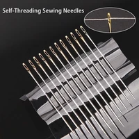 12pcs stainless steel self threading sewing needles quick automatic threading needle stitching pins diy punch needle threader