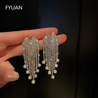 fyuan shine heart rhinestone earrings for women bijoux long tassel pearl dangle earrings weddings jewelry