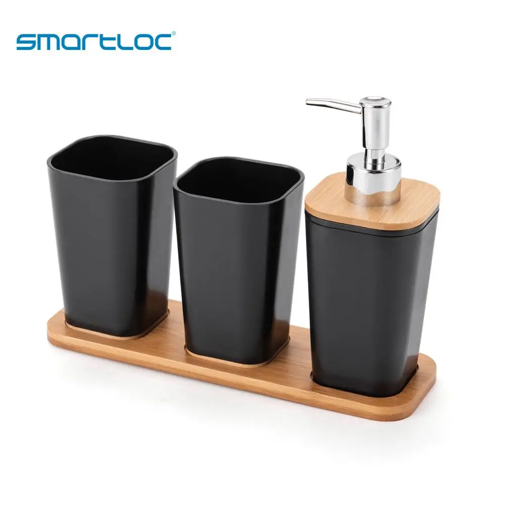 

smartloc 2PCS/3PCS Plastic Bathroom Accessories Set With Bamboo Tray Tumbler Soap Dispenser Lotion Bottle Toothbrush Holder