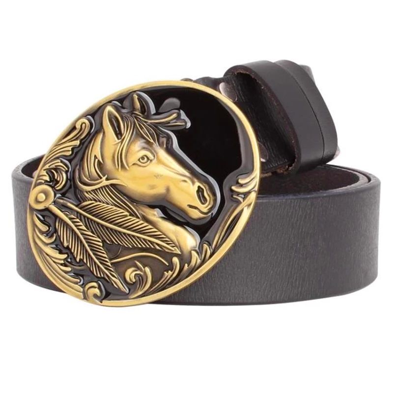 

2022 Horse Head Cowskin Leather Belt Men Western Cowboy Style Copper Buckle Horse Head Belt Real Genuine Leather Belt for Men