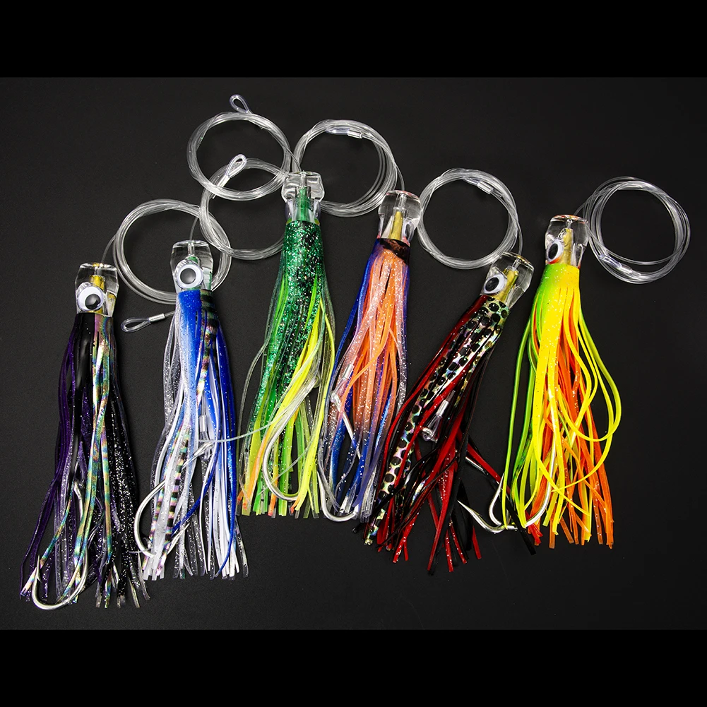 

6pcs Acrylic Trolling Octopus Bait High Carbon Steel 7/0 Sharp Hook With Holographic Rainbow Skirt Tuna Bait With Storage Bag