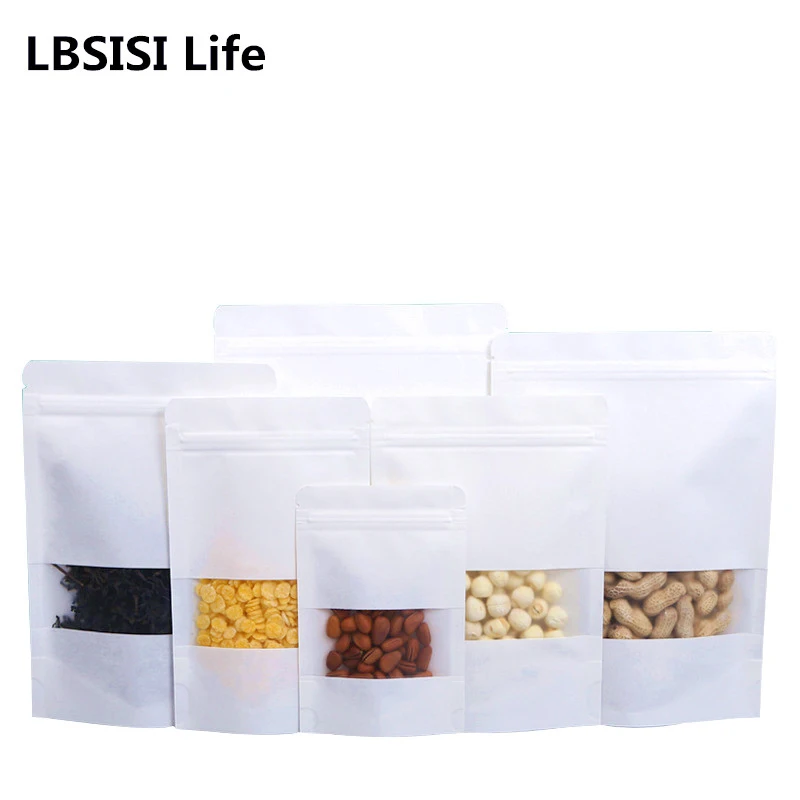 

LBSISI Life 50pcs/Lot White Kraft Paper Zipper Gift Bags Baking Candy Dried Fruit Snacks Food Tea Packaging Frosted Window