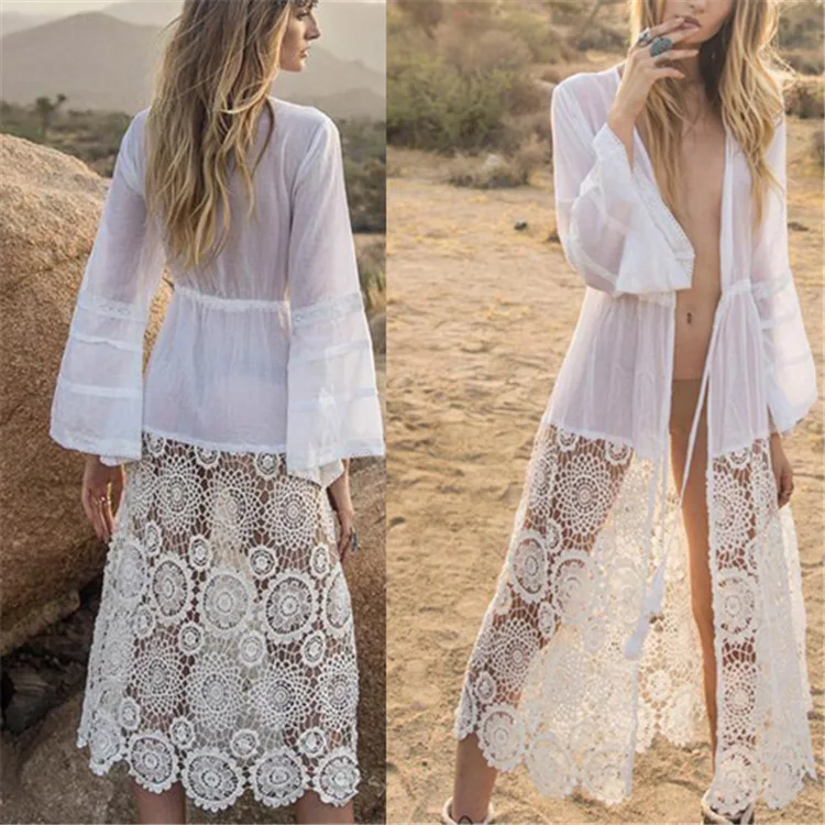 

Beach Pareos Woman Beachwear Cape Skirt Tunic Pareo And Dresses Swimsuit Europeans Americans Cotton Lace Sexy Shirt Solid