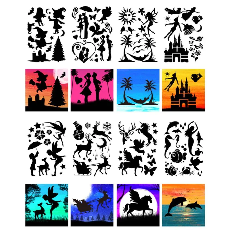 

16 Pcs A4 Dream Silhouette Fast Draw Stencil Art Templates Plastic PET Material Fast Draw Templates outdoor camping gear