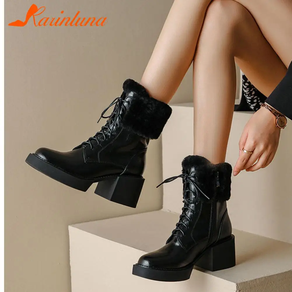 

Женские ботинки на молнии Karinluna, однотонные ботинки из натуральной кожи, с коротким плюшем, на квадратном каблуке, с перекрестной шнуровкой ...