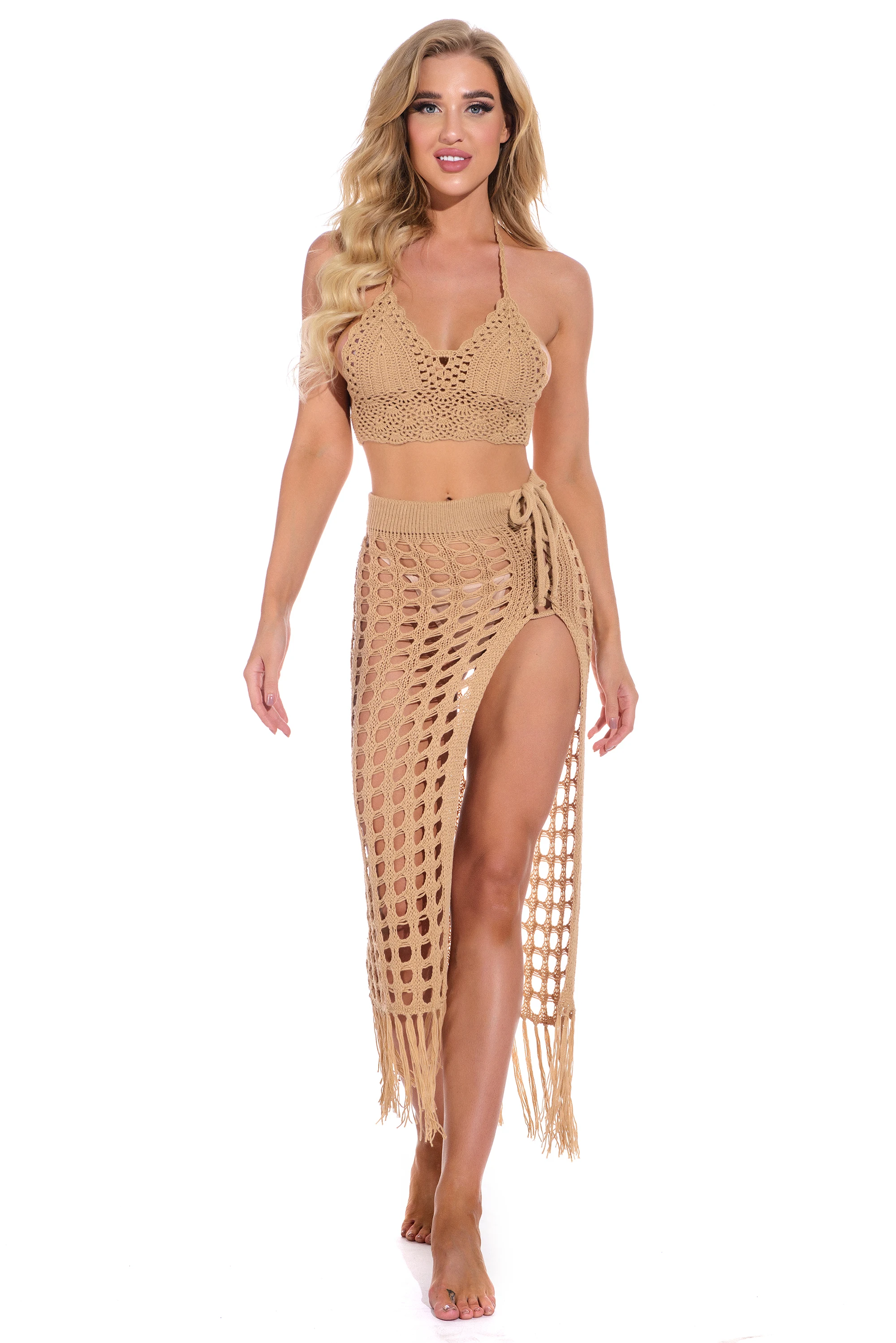 

Womens Sexy Sheer Hollow Out Beach Maxi Knit Skirt Split Tassels Beachwear Summer Crochet Cover Up Skirts
