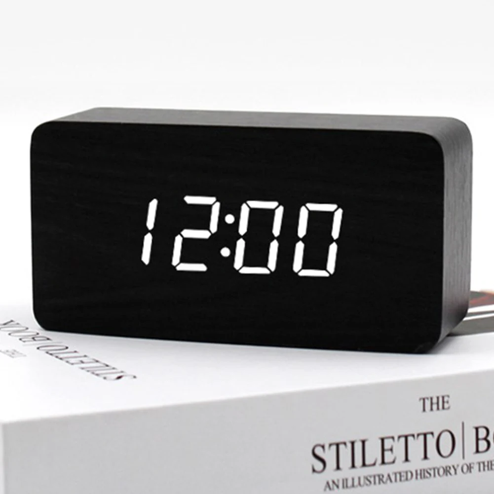 

Wood Digital Alarm Clock 12/24H LED Time Date Temperature Display Snooze and Sound Control Electric Clock