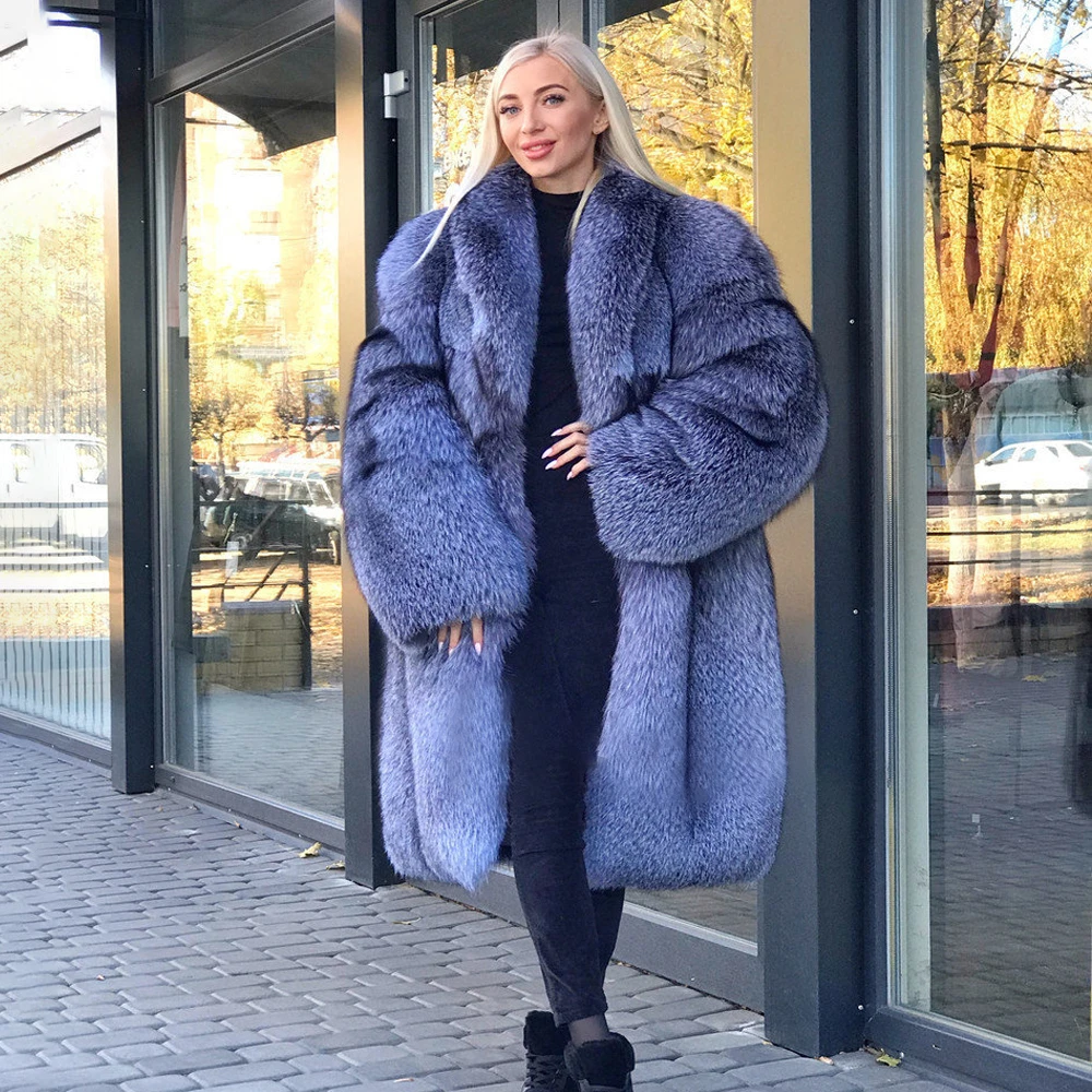 TOPFUR Fashion Natural Blue Fox Winter Loose Coat Women Leather Jacket Real Fur Coat Women Full Sleeves Lapel Collar