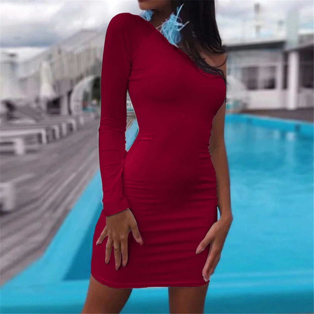 

One Shoulder Neck Womens Dress Solid Color Long Sleeve Sexy Skinny Woman Dresses Casual Slim Club Femme Robe