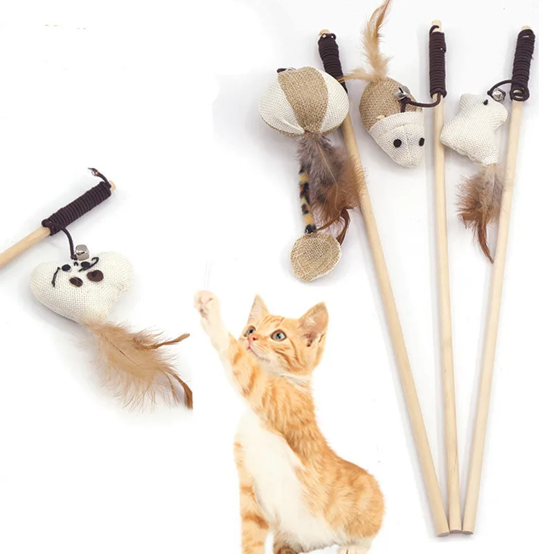 

Cat Interactive Toys Cartoon Pet Cat Teaser Toys Feather Wood Rod Mouse Toy with Mini Bell Cat Catcher Teaser Wooden Stick