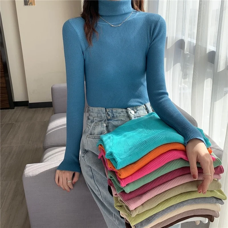 

Women's Turtleneck Sweater 2021 Autumn Knitted Base Shirt Winter Slim Warm Soft Solid Color Pullover One Size