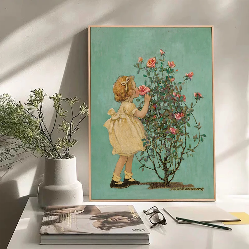 

Vintage Poster Girl Rose Interior Paintings Retro Canvas Painting Wall Art Decorative Living Room Decor Home Decoration Pictures