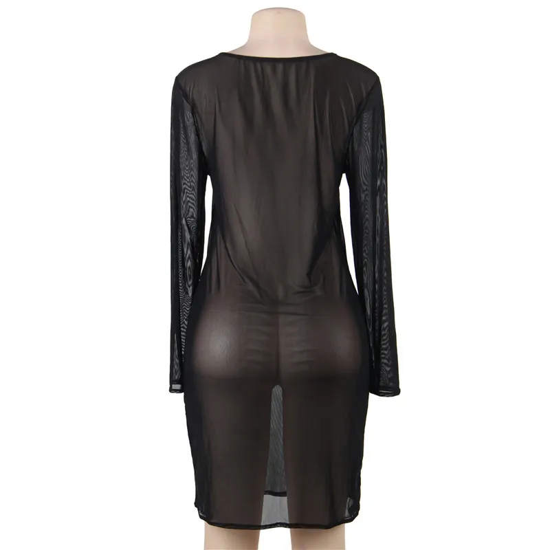 

Ohyeahlady Long Sleeve Nightwear Dresses Gauze O-neck Sexy Baby Doll Mujer Female Perspective Mesh Skinny Exotic Apparel RJ80868