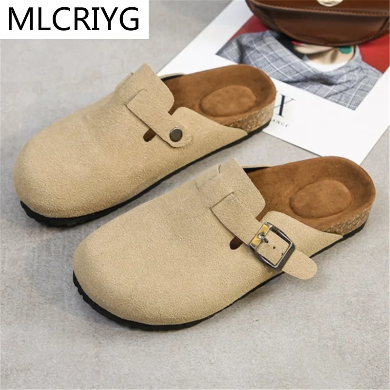 

2021 Summer Women's Sandals New Fashion Suede Low-heeled Vintage Buckle Flat Sandals Outdoor Comfortable Baotou Beach Slippers
