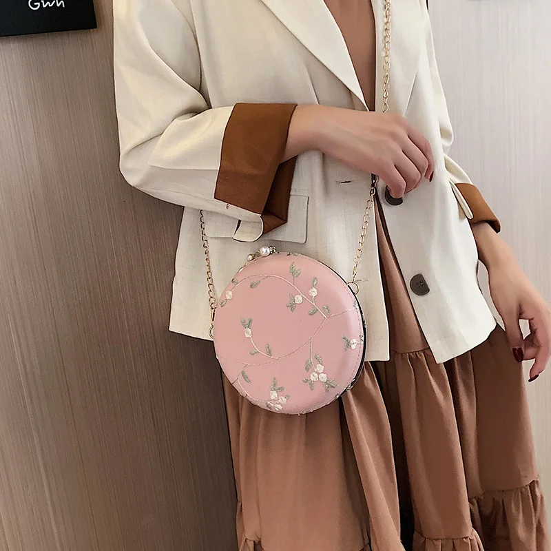 Женские круглые вечерние сумки-клатчи с вышитыми цветами сумки на плечо золотой