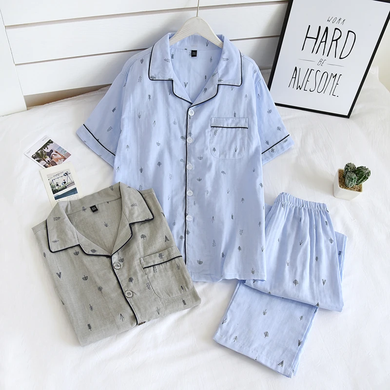 2021 Newest Men's Pajamas Summer/ Spring 2 Piece 100% Cotton Gause Home Pajamas Short Sleeve & Long Trousers Home Wear Cover Men