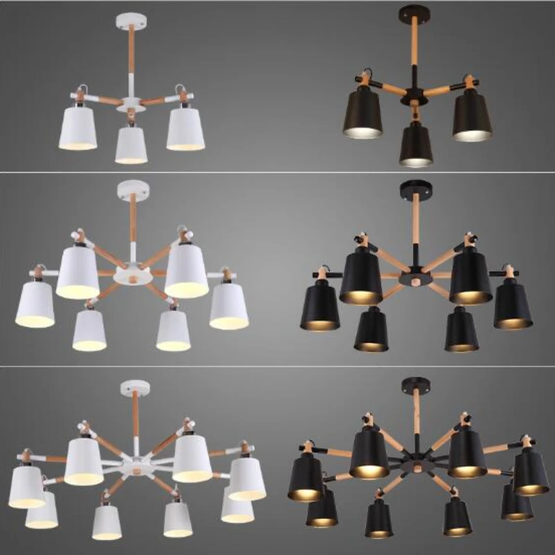 

Creative simple 3/6/8 head solid wood LED chandelier lamp for living room white black ceiling chandeliers lighting