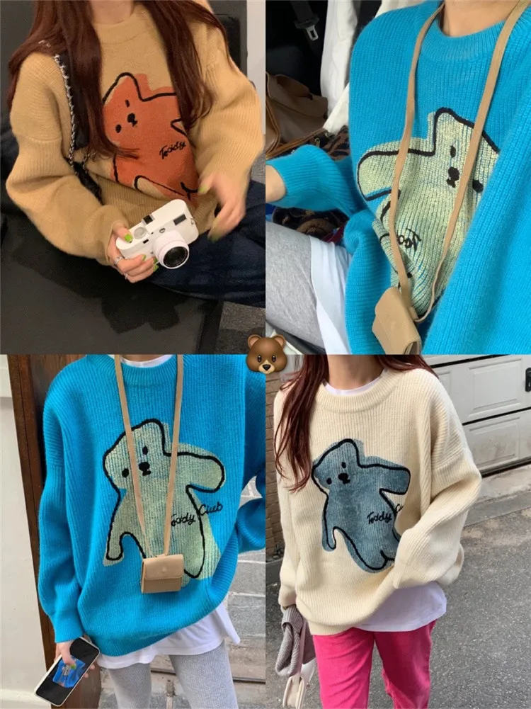

Cute Cartoons bear loose knitting sweater women Winter Korean style long sleeve pullovers sweater female thick tops