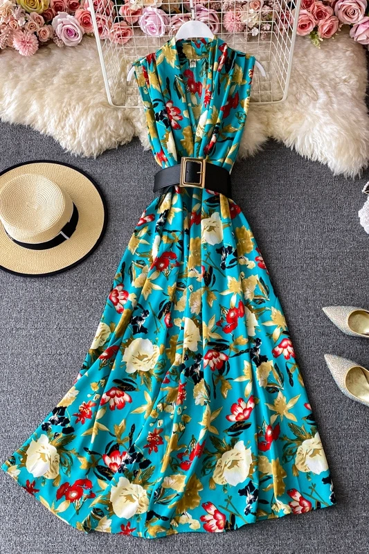 

Women Dresses 2021 Spring Summer French Vintage Temperament Ladies V-neck Sleeveless Printed Design A-Line Vestidos