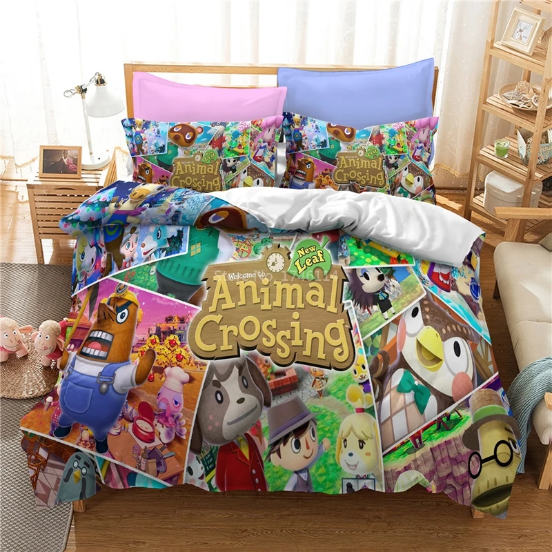 

3D Cartoon Queen King Size Bedding Set Animal Crossing Game Printing Duvet Cover Comforter Cover Set Bedclothes for Kids Adults