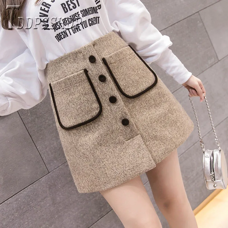 

2019 Autumn Women Woolen Skirt A Line High Waist Female Skirts