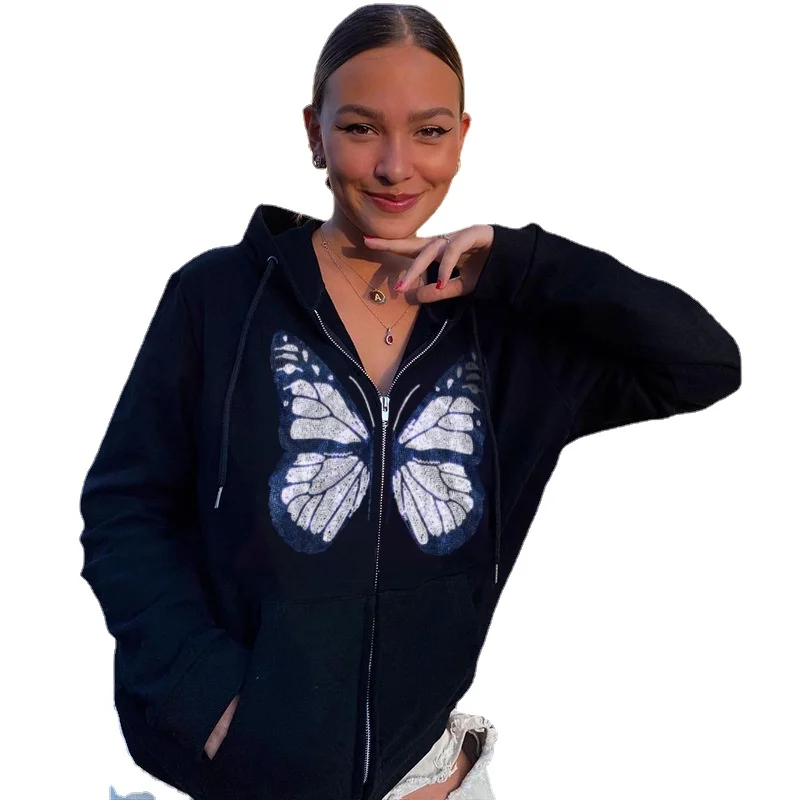 

Black Y2K Streetwear Hoodies Women Zip Up Butterfly Sweatshirt Autumn Jacket Clothes Pockets Long Sleeve Thin Hooded Pullovers