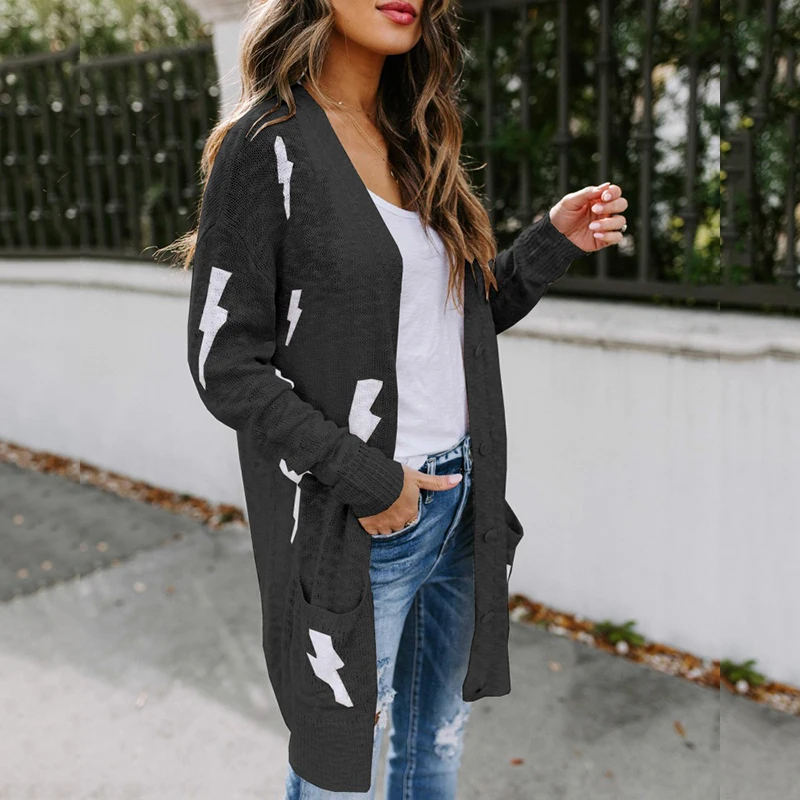 

Fashion Thunder Pattern Knitted Cardigans Women 2020 Autumn Winter Casual Long Sleeve Sweaters Coats Ladies Overcoats Outwear