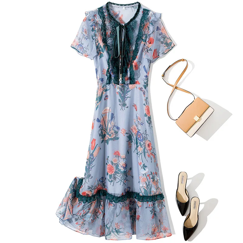 Женское модное подиумное платье с круглым вырезом и короткими рукавами оборками