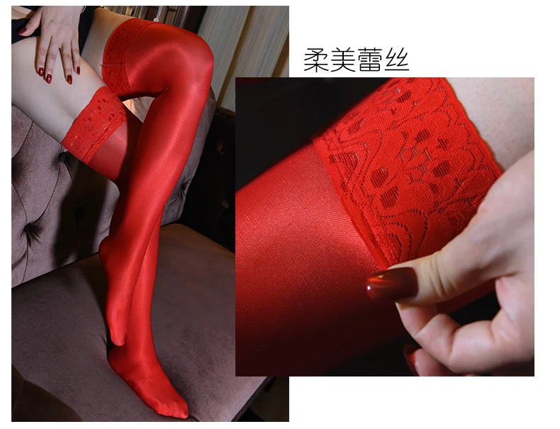Red 70D, женские сексуальные масляные, силиконовые, кружевные, с верхом, до бедра, высокие, для женщин, s, нейлон, блестящие, длинные, вязаные носки, выше колена, Шелковый носок - Цвет: Red