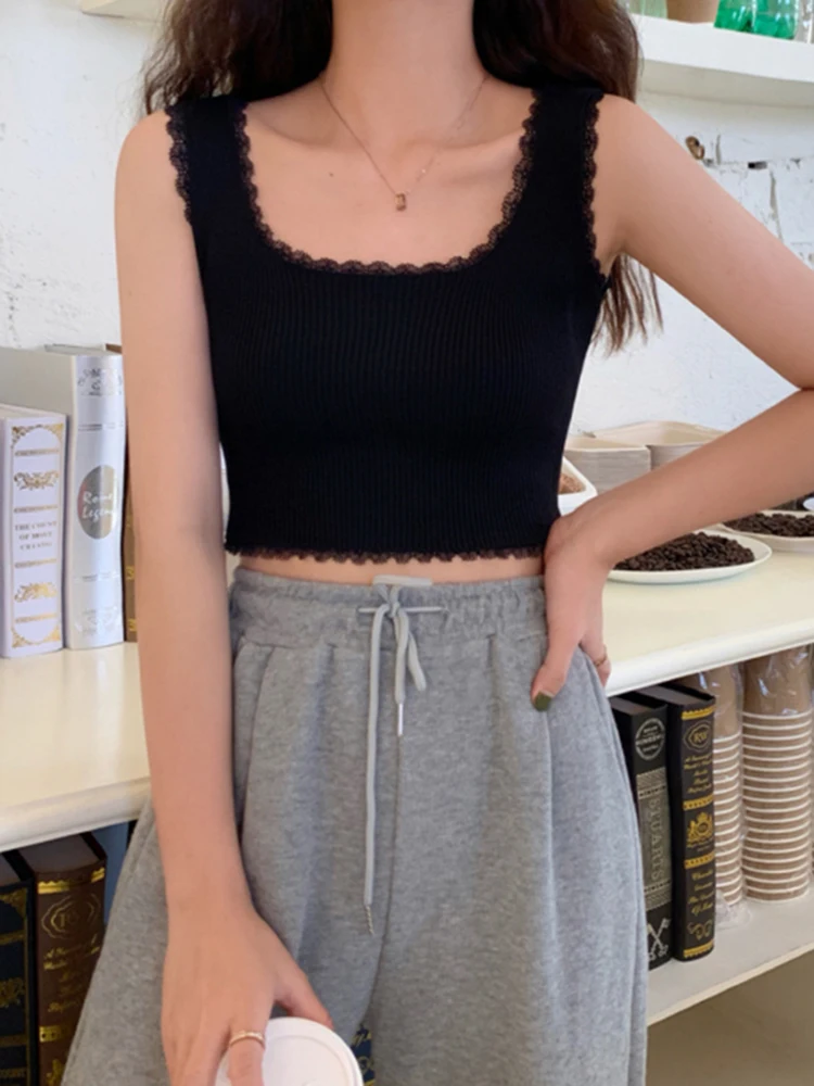 

Camisole Women's Summer New Style Black Self-cultivation Outer Wear Short Lace Inner Sleeveless Top Knitted Bottoming Shirt