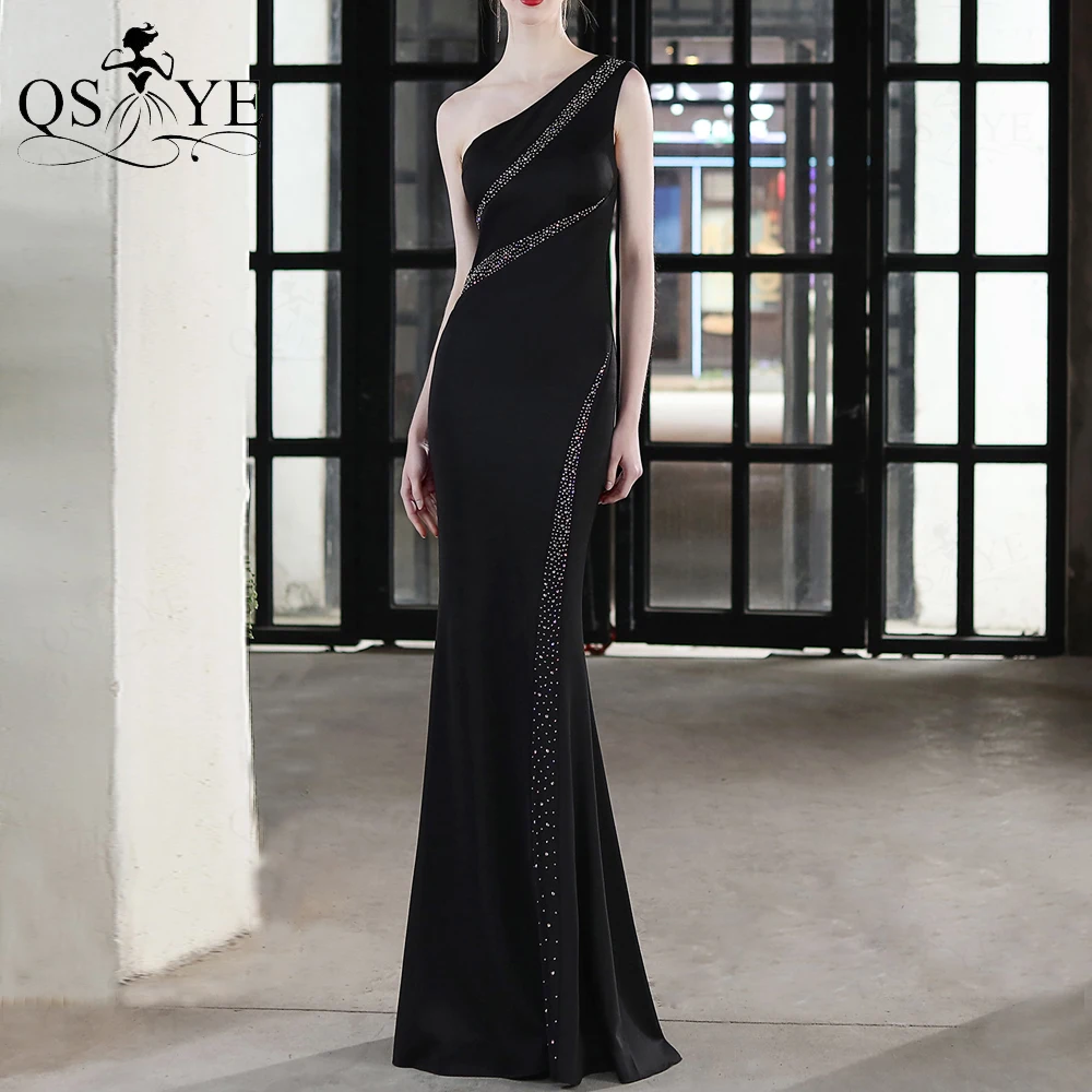 

One Shoulder Black Evening Dresses Mermaid Prom Gown Sequined Party Dress Beading Formal Gown Stretch Fitted Women CelebrityGown