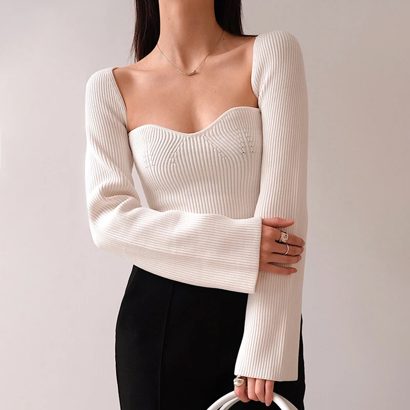 TWOTWINSTYLE Asymmetrical Sweater Knitted Tops Female Square Collar Long Sleeve Sexy Sweaters Women Fashion New 2022 Clothing | Женская
