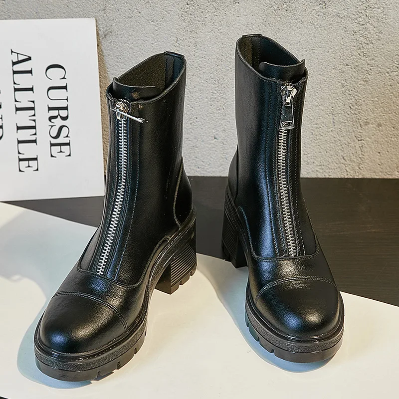 Черные кожаные полусапожки Новые модные женские высокие сапоги на толстом