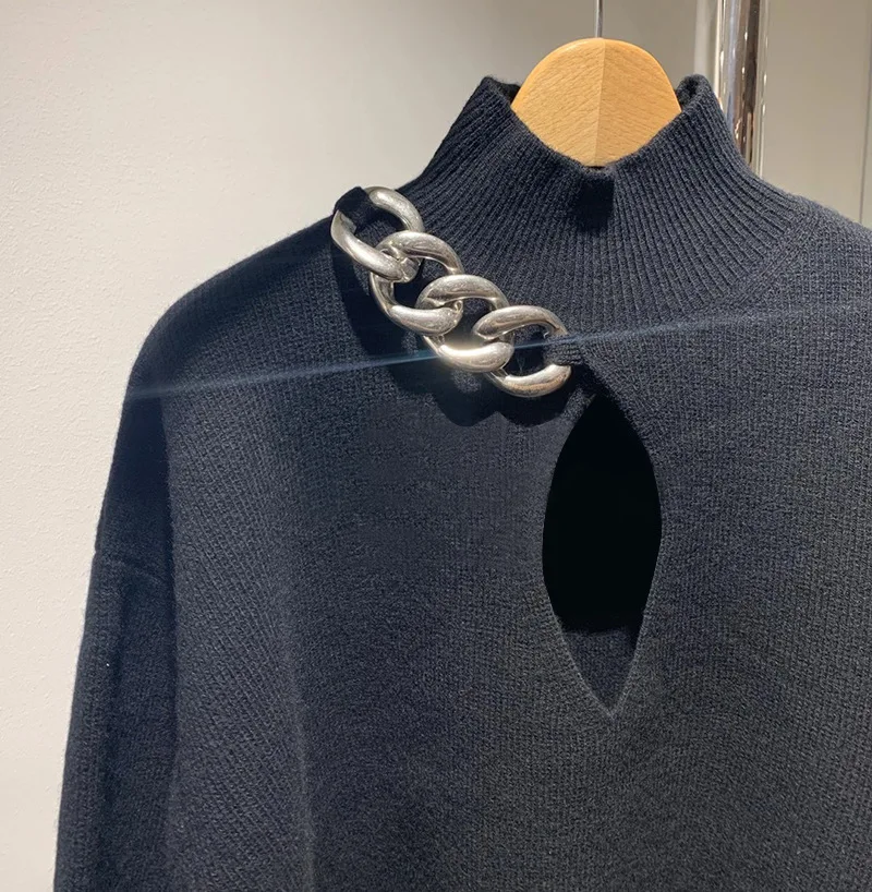 

2021 Autumn/winter New Chain Decorative Knitted Sweater Bottoming Sweater Top