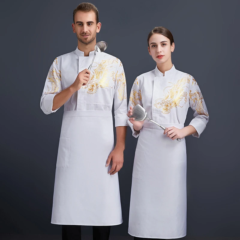 Single-breasted Dragon Print White Long Sleeve Chef Uniform Unisex High-quality Overalls Cafe Cafeteria Haird Salon Waiter Shirt |