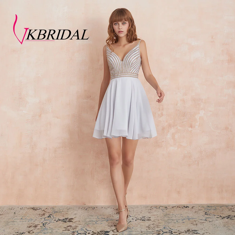 VKBRIDAL сексуальное короткое платье с v-образным вырезом для выпускного вечера Новое шифоновое бисерное милое платье с v-образным вырезом сзади