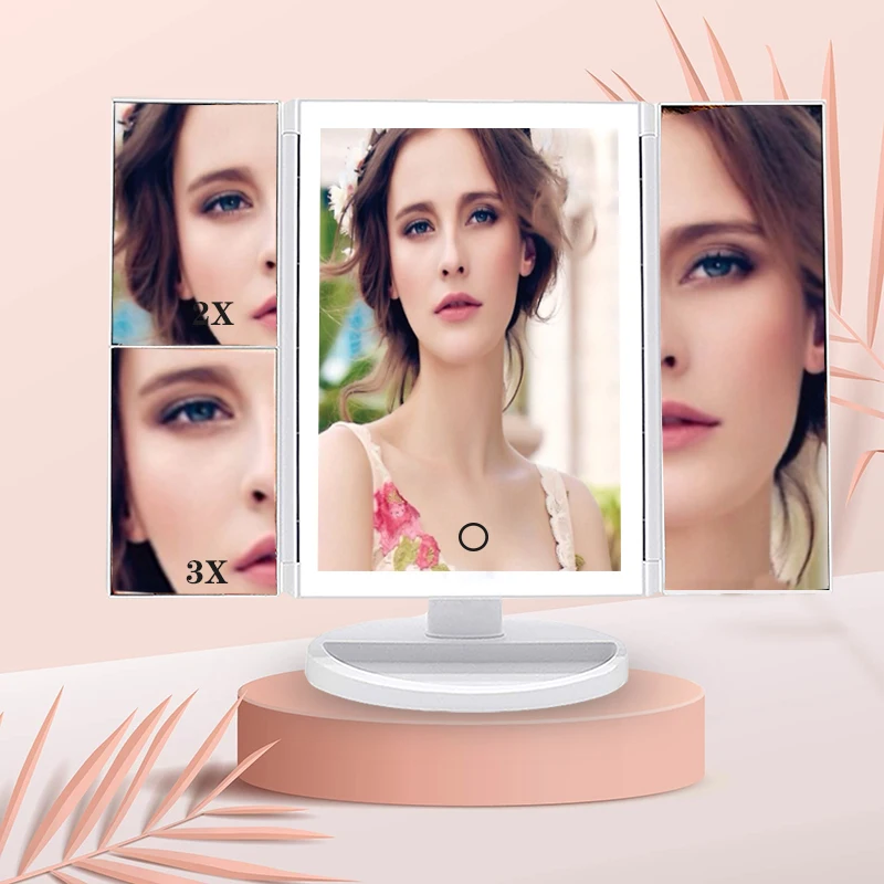

3 Folding Makeup Mirror With LED Light USB Big Vanity Mirror 10X Magnifying Cosmetic Countertop Screen For Ladies Beauty Using