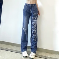 korean fashion straight jeans women letter embroidery cute denim trousers street style low waist streetwear cargo pants