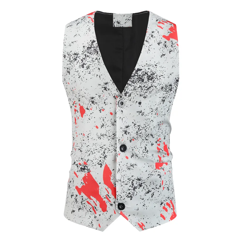 Мужской классический костюм с принтом черный/красный жилет V-образным вырезом