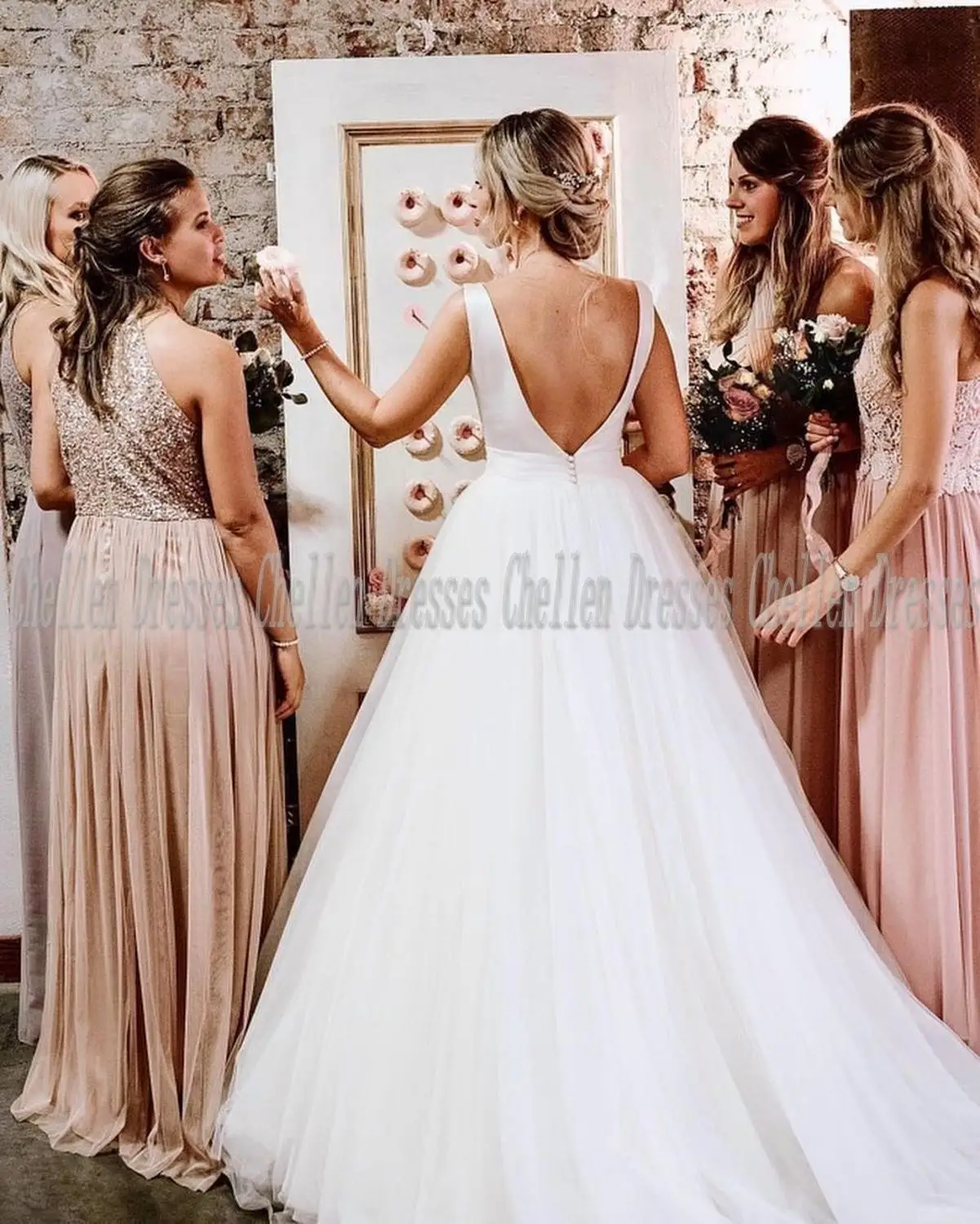 

2021 New Custom Made Simple Elegant O-Neck V Back Sleeveless Long Satin And Tulle A Line Boho Wedding Dress